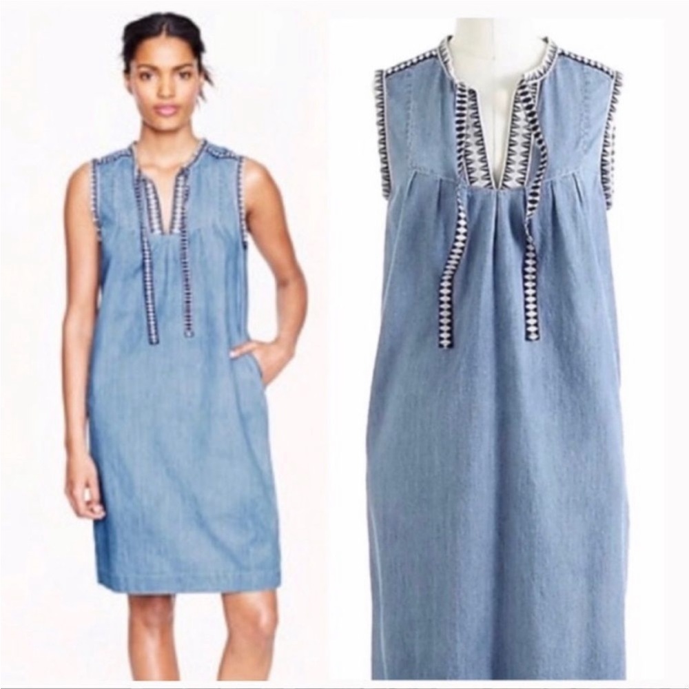 J. Crew Light Blue Denim Midi Dress with Navy Trim